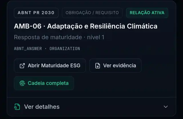 Nexus Compliance & Evidence mostrando uma relação ativa entre requisito ABNT PR 2030, evidência e cadeia completa.