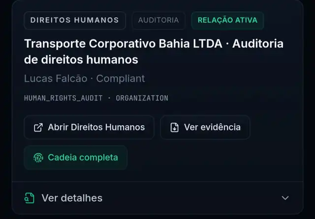 Nexus Compliance & Evidence mostrando uma auditoria de direitos humanos com evidência e cadeia completa.