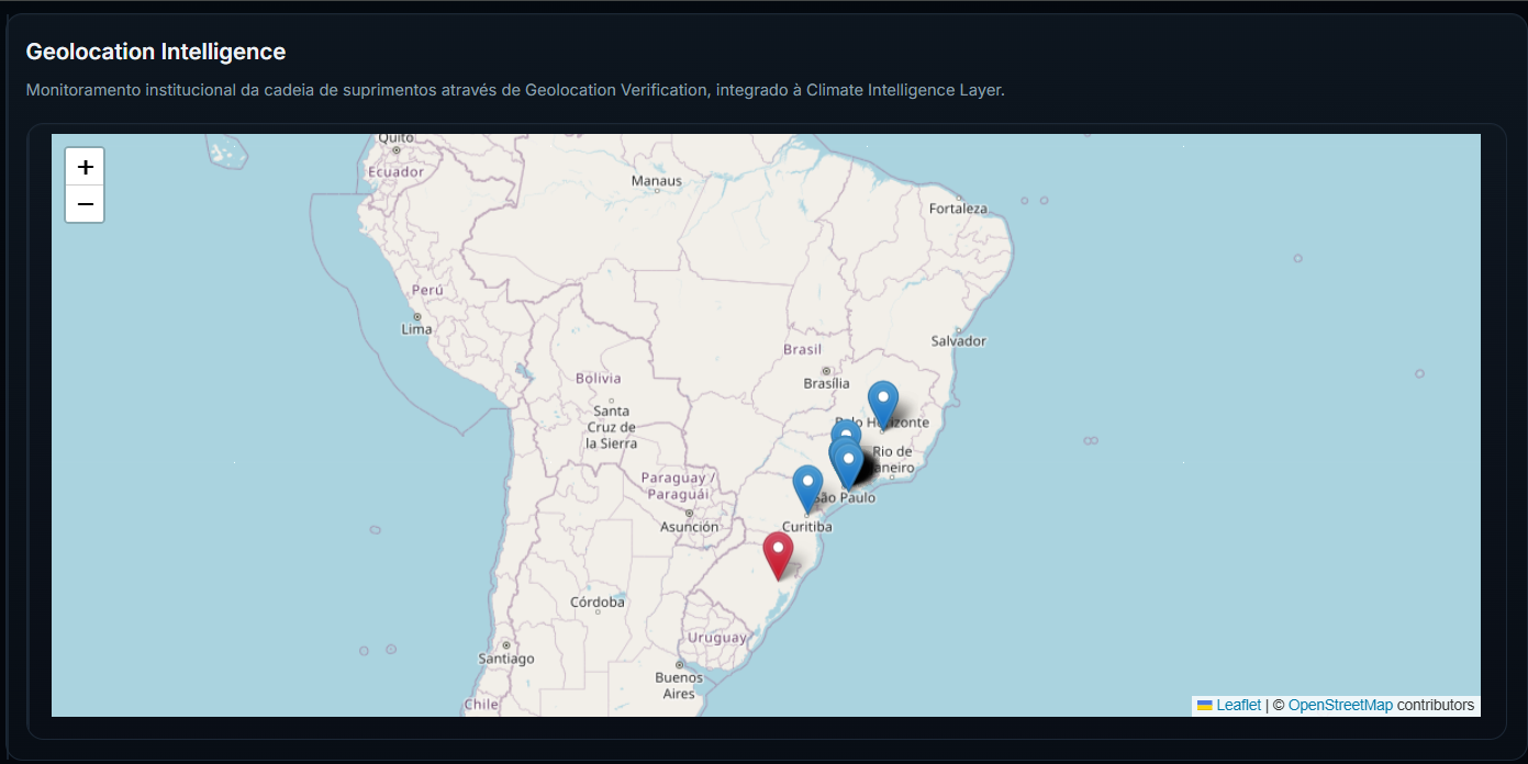 Nexus Geolocation Intelligence mostrando exposição territorial, ativos e fornecedores no mapa do Brasil.